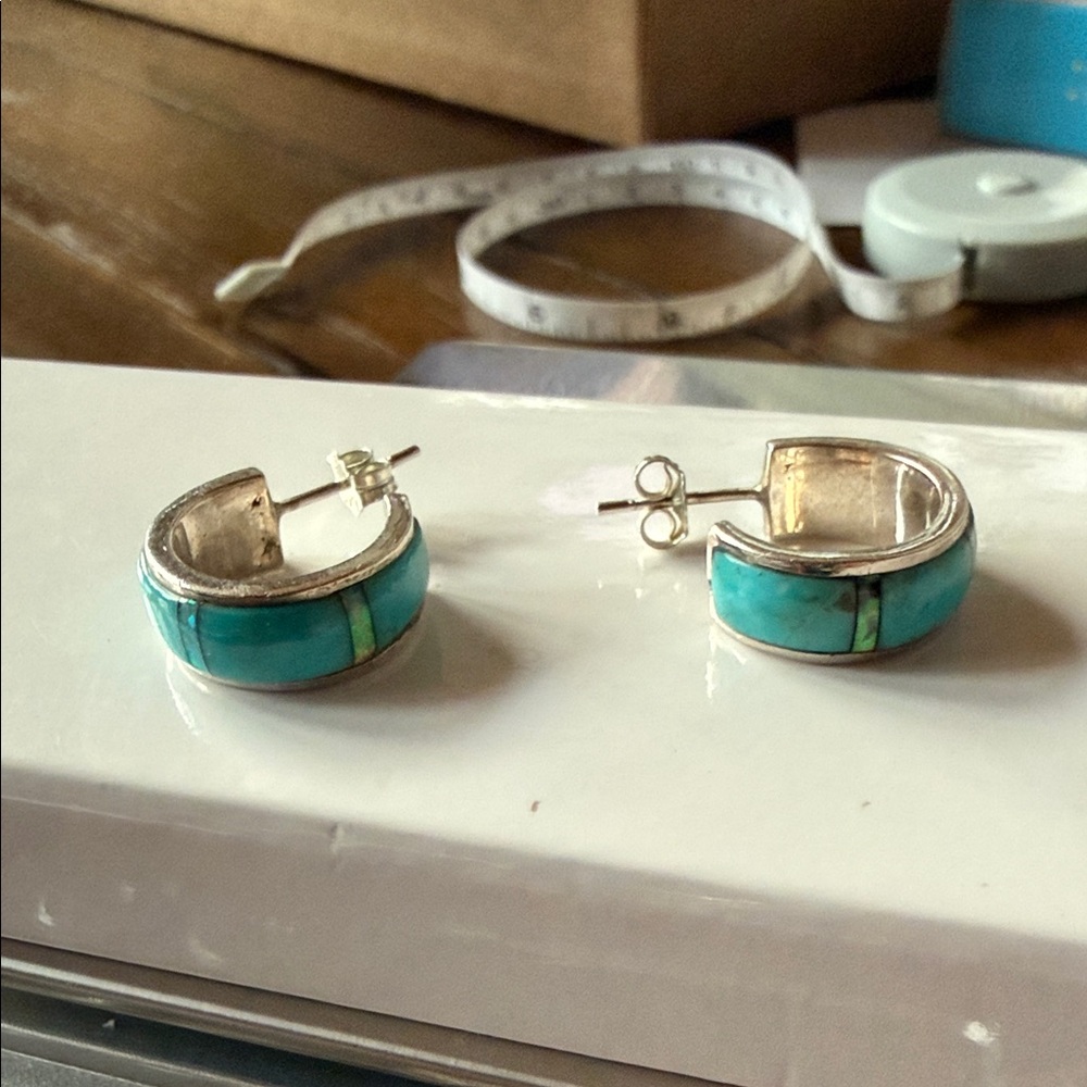 Silver and Turquoise Hoop Earrings - Picture 5 of 7